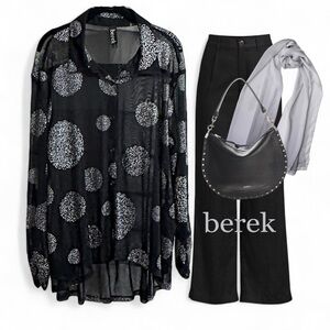 Berek Sheer Black Silver Dots Oversized Art To Wear Sheer Friends Shirt Topper M